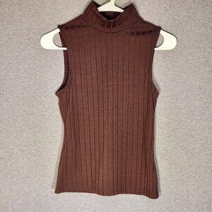 Chocolate Brown Ribbed Turtleneck Mock Neck Sleeveless Top